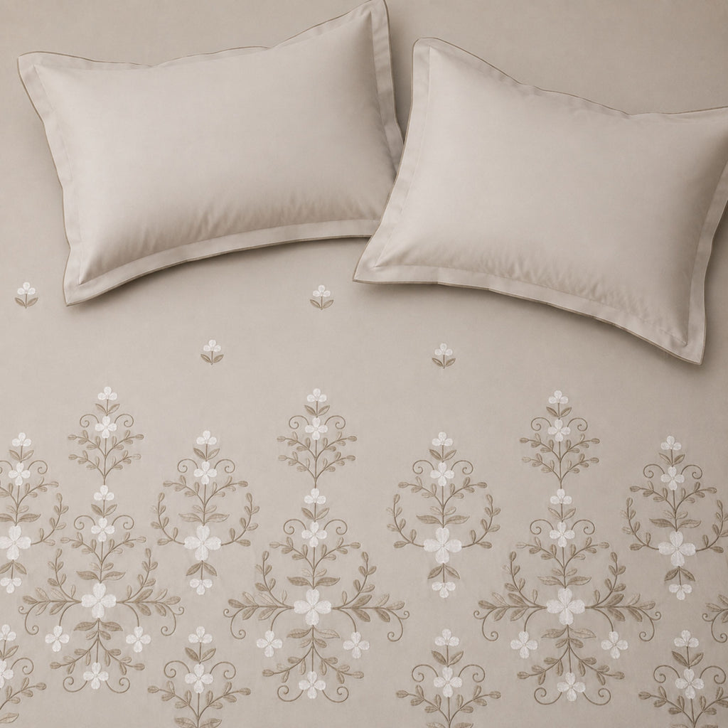 Sansaar by DDdecor Large Bedsheet Set with 2 Pillow Covers - Blossette - Silver Lining - Embroidered - 1 Pc