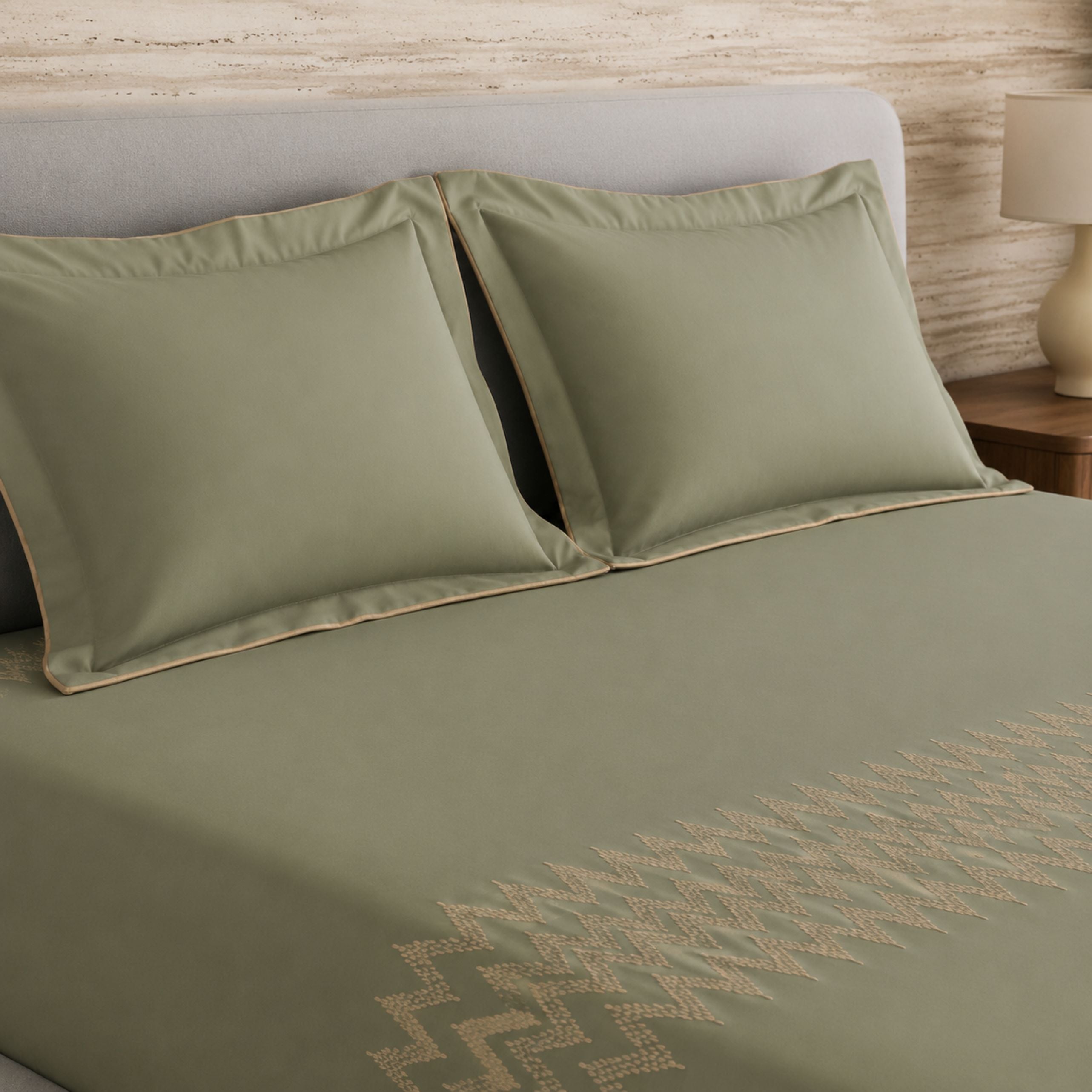 Sansaar by DDdecor Large Bedsheet Set with 2 Pillow Covers - Arrowlet - Moss Gray - Embroidered - 1 Pc