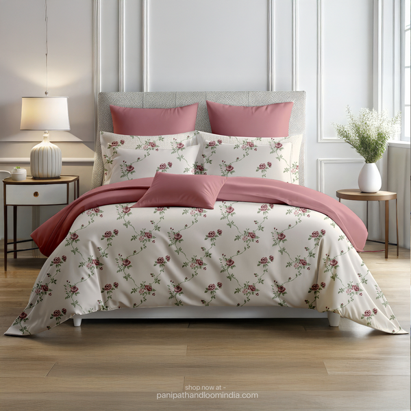 Linsdon Home House of Whites Floral Cascade | Teal Blue Digitally Printed 100% Cotton King Bedsheet Set
