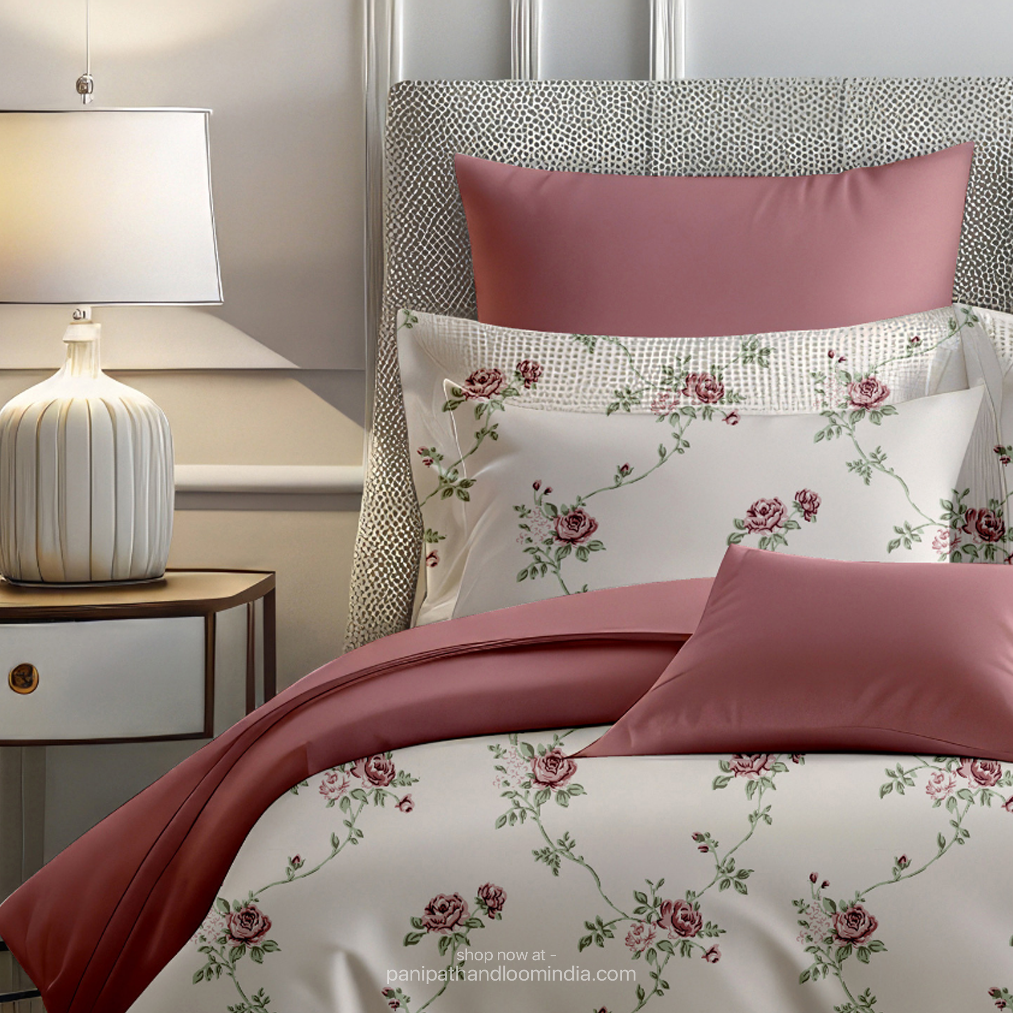 Linsdon Home House of Whites Floral Cascade | Teal Blue Digitally Printed 100% Cotton King Bedsheet Set