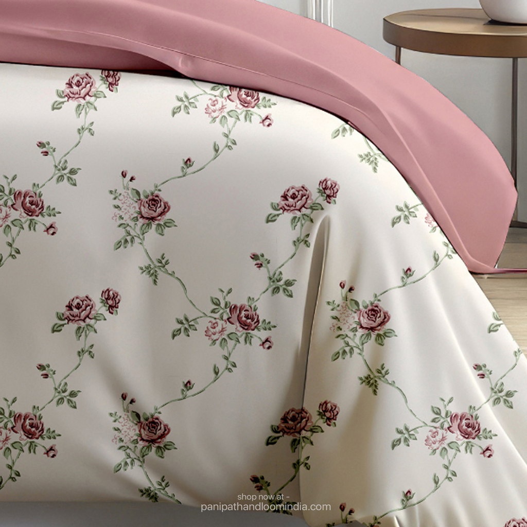 Linsdon Home House of Whites Floral Cascade | Teal Blue Digitally Printed 100% Cotton King Bedsheet Set