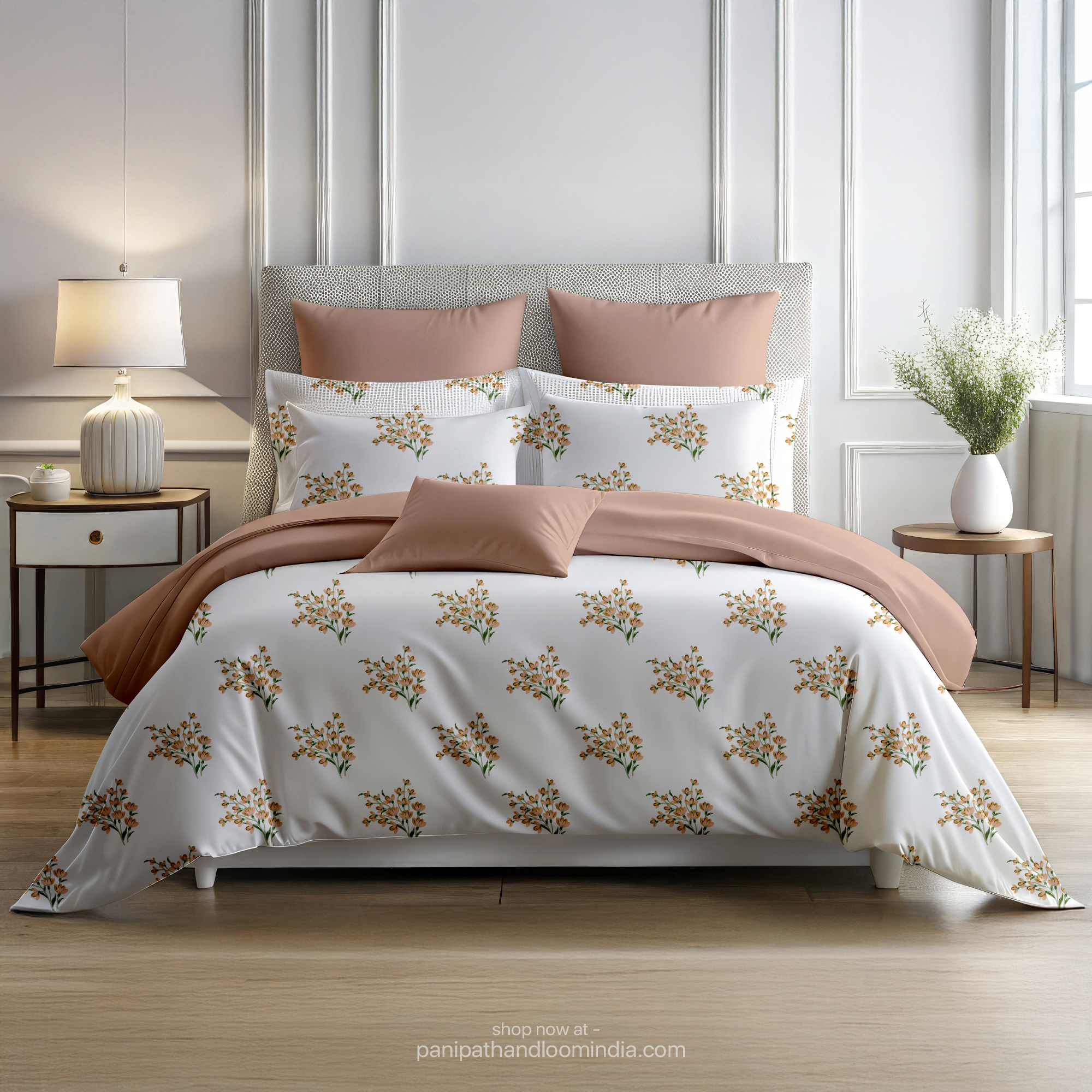 Linsdon Home House of Whites Autumn Whisper | Dusty Peach Digitally Printed 100% Cotton King Bedsheet Set
