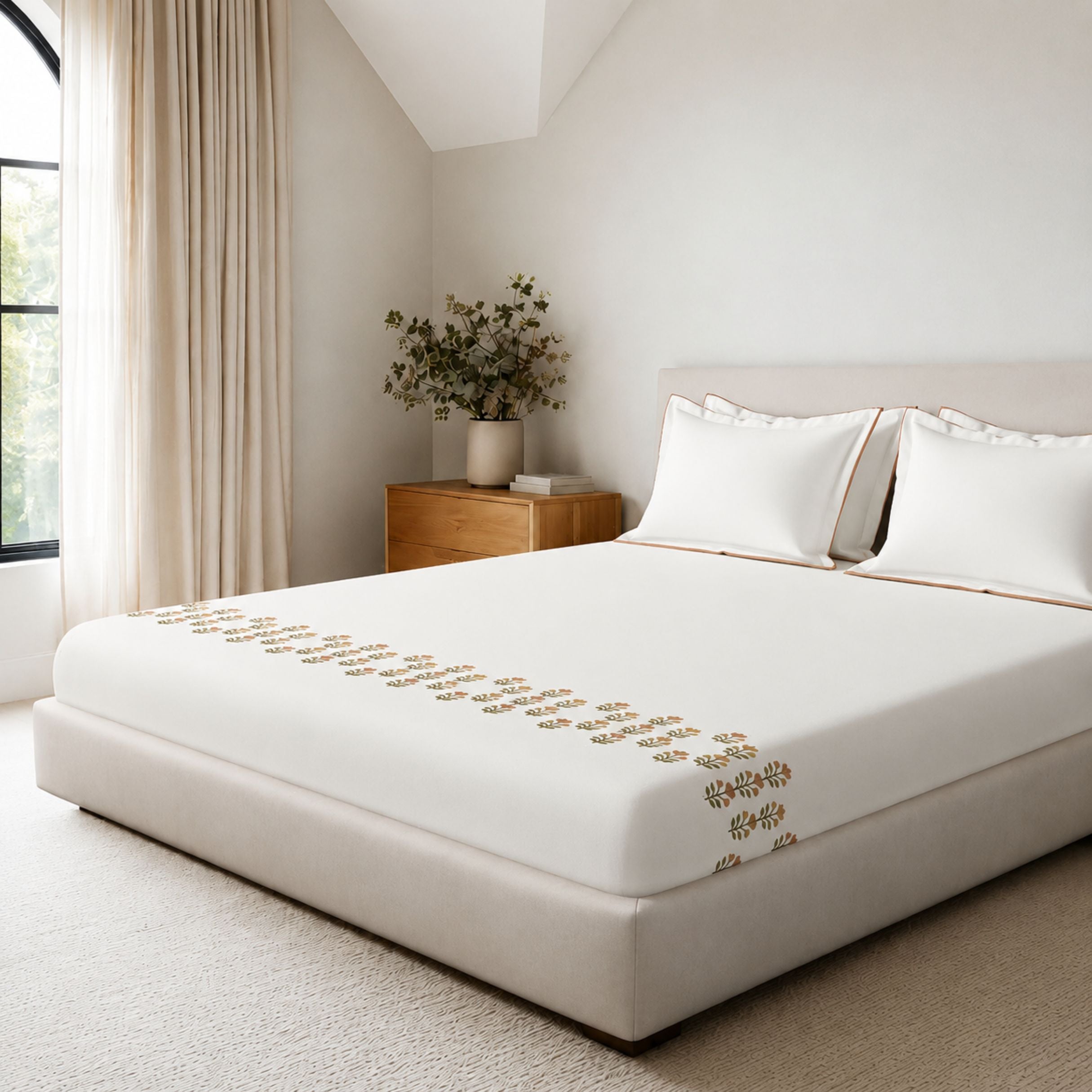 Sansaar by DDdecor Large Bedsheet Set with 2 Pillow Covers - Meadowbud - Tofu - Embroidered - 1 Pc