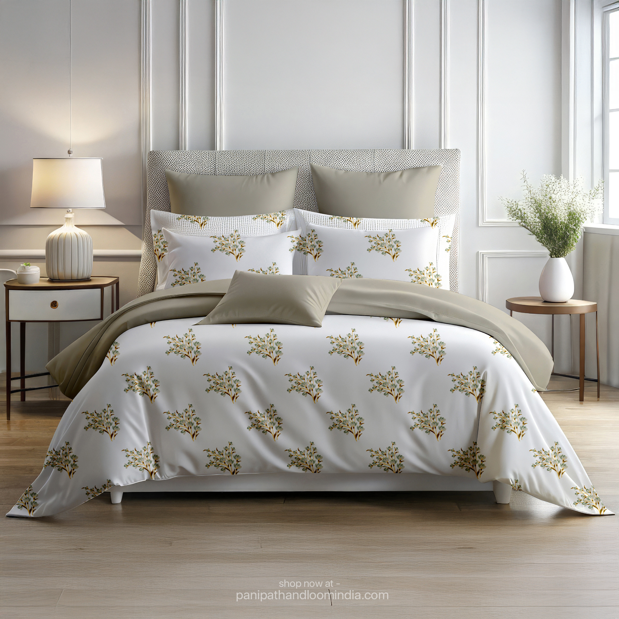 Linsdon Home House of Whites Autumn Whisper | Olive Moss Digitally Printed 100% Cotton King Bedsheet Set