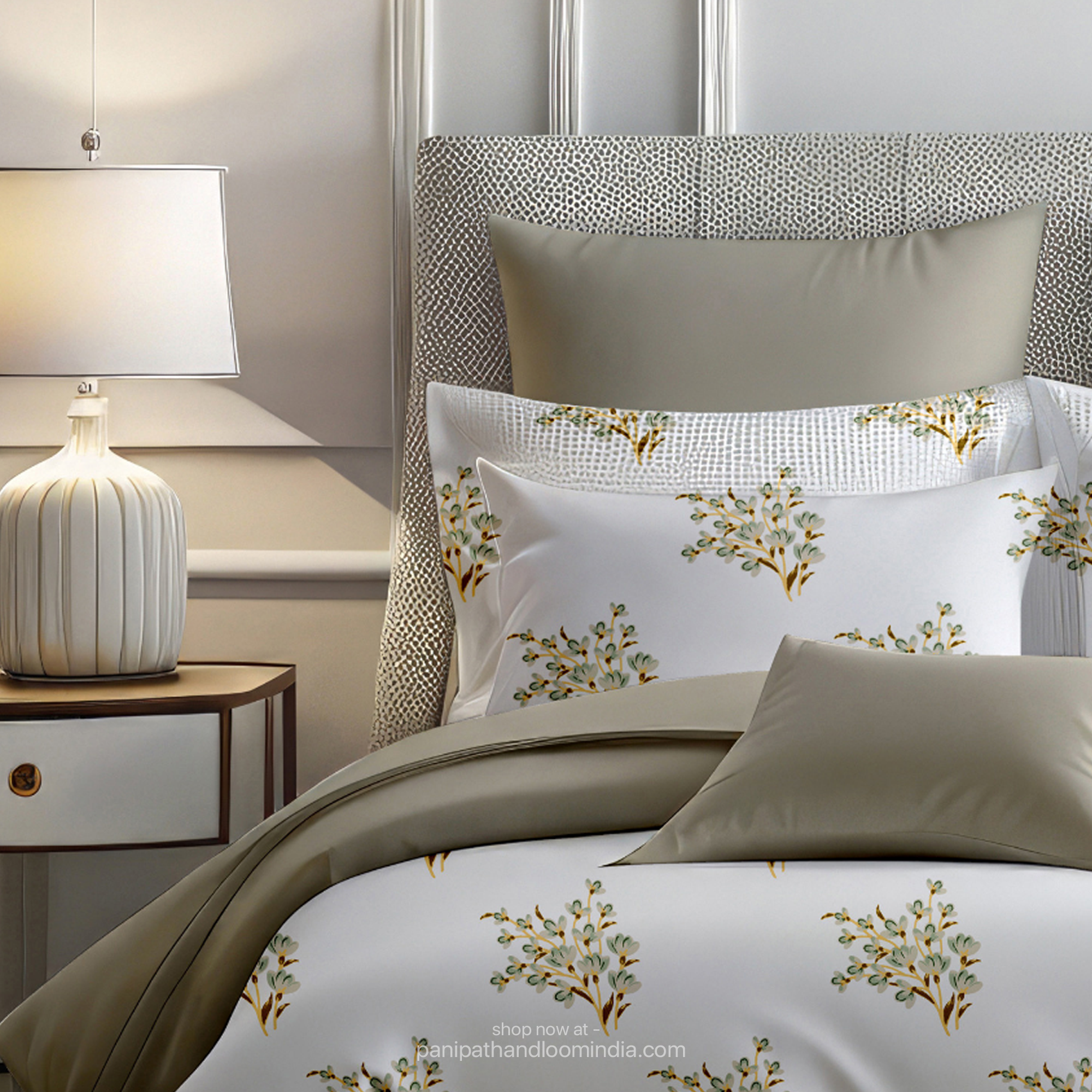 Linsdon Home House of Whites Autumn Whisper | Olive Moss Digitally Printed 100% Cotton King Bedsheet Set