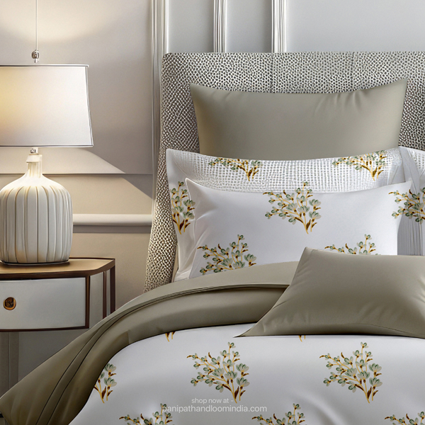 Linsdon Home House of Whites Autumn Whisper | Olive Moss Digitally Printed 100% Cotton King Bedsheet Set