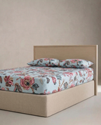 Jaipuri Persian Floral Fitted Bedcover | Premium Handblock Printed Cotton Bedspread | Sky Blue & Rose Pink Botanical Fitted Sheet