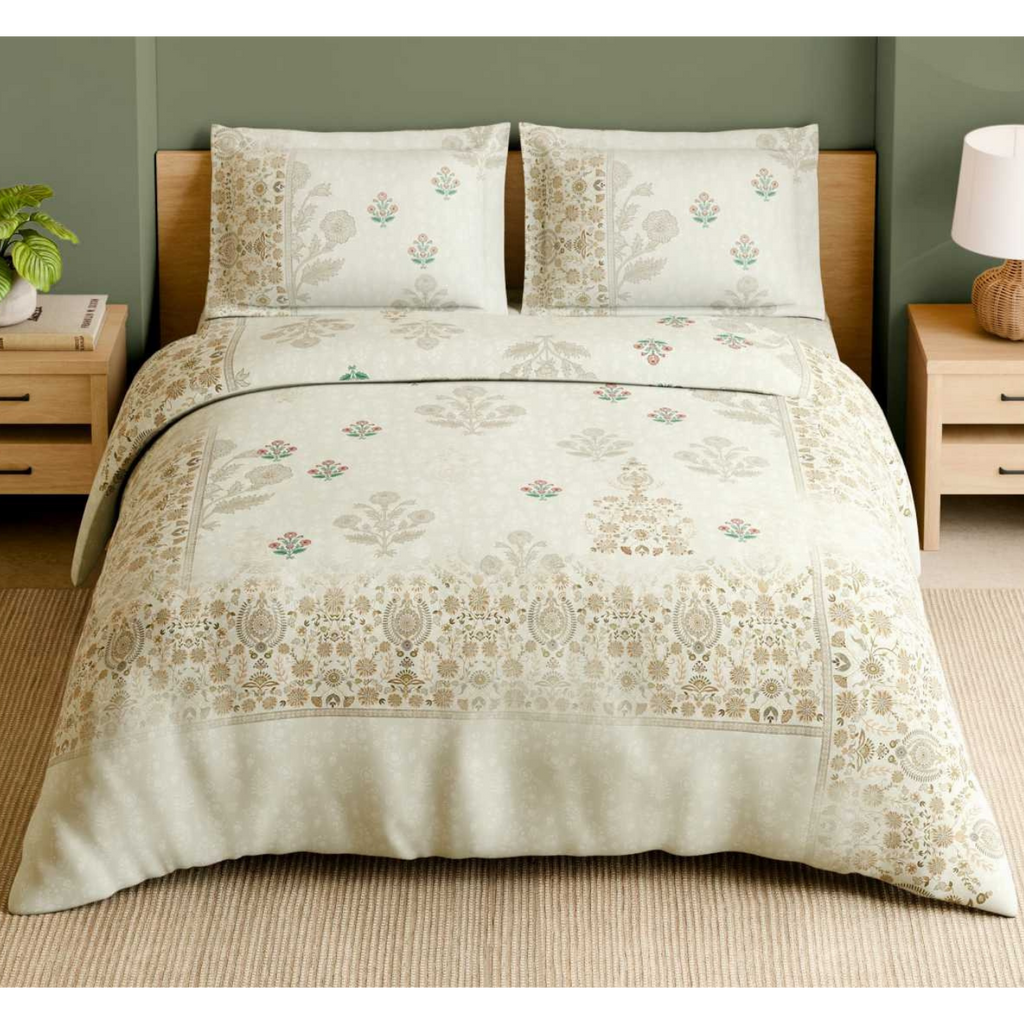 Spaces Shubha Papier Mâché Star White Traditional 3-dimensional Art 300TC Cotton Super King Bed Sheet Set | 1085771 Star White