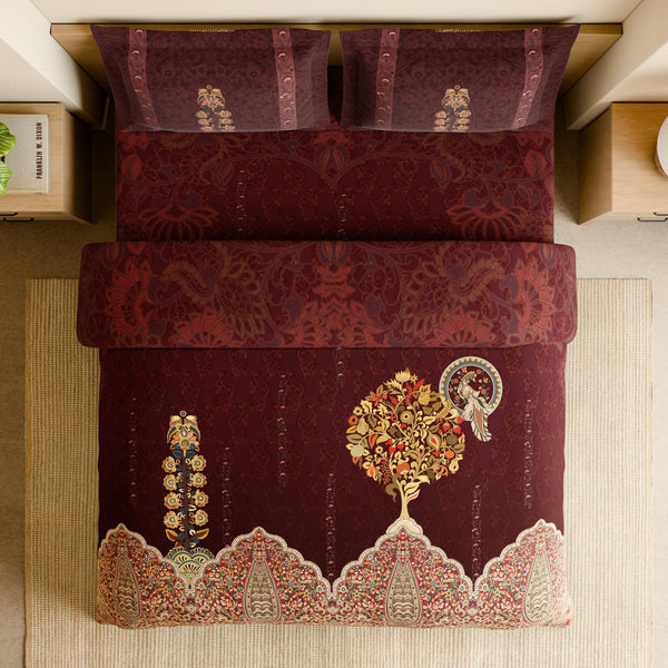 Spaces Shubha Kalamkari New Maroon Traditional Ethnic 300TC Cotton Super King Bed Sheet Set | 1085763 New Maroon