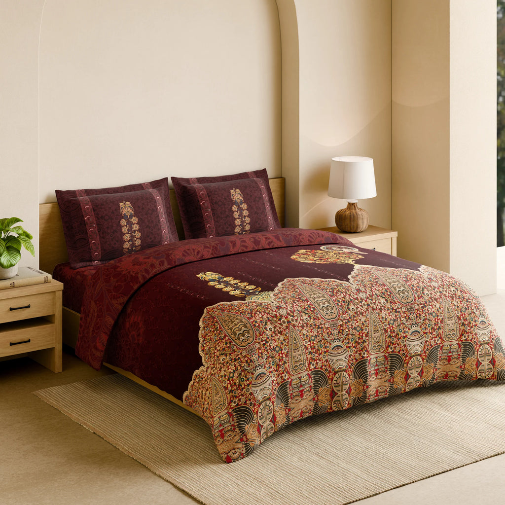 Spaces Shubha Kalamkari New Maroon Traditional Ethnic 300TC Cotton Super King Bed Sheet Set | 1085763 New Maroon