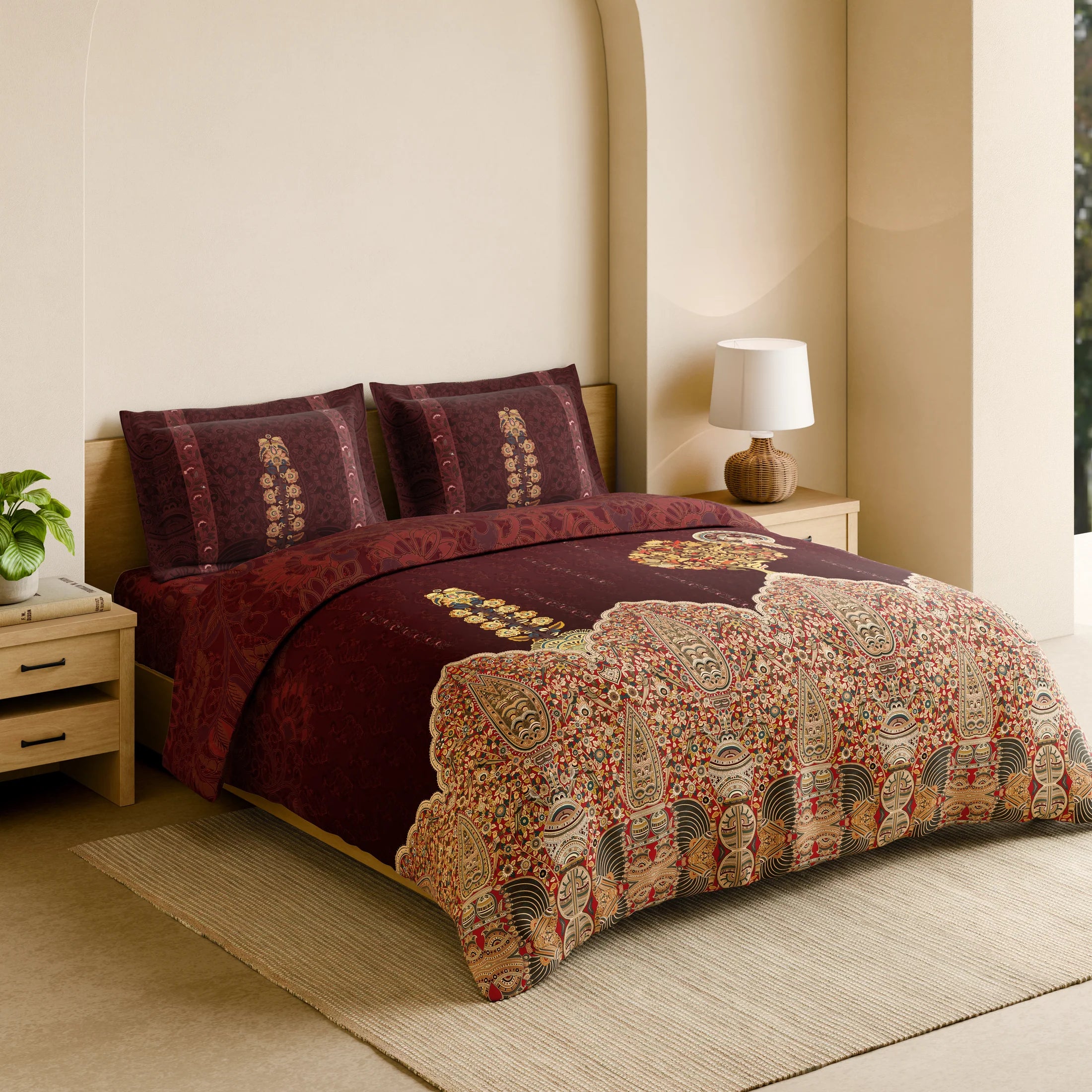 Spaces Shubha Kalamkari New Maroon Traditional Ethnic 300TC Cotton Super King Bed Sheet Set | 1085763 New Maroon