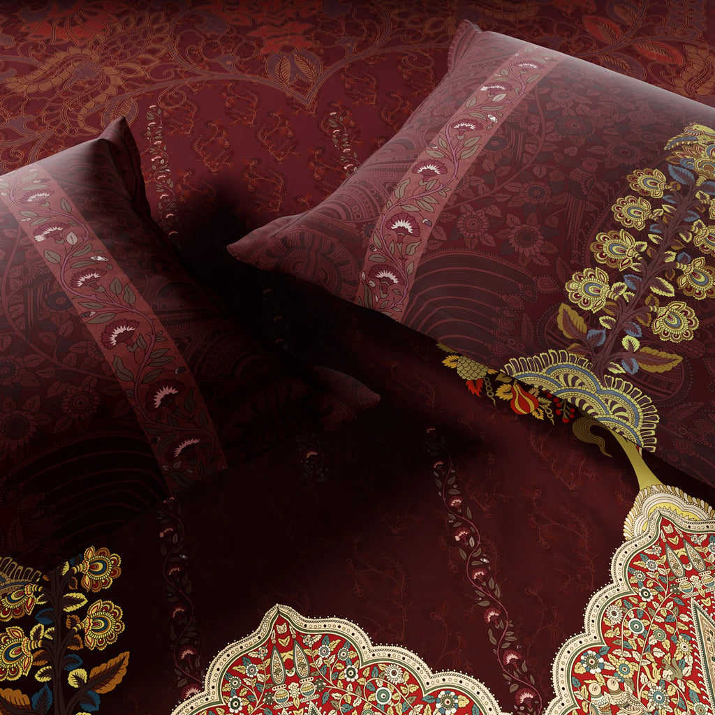 Spaces Shubha Kalamkari New Maroon Traditional Ethnic 300TC Cotton Super King Bed Sheet Set | 1085763 New Maroon