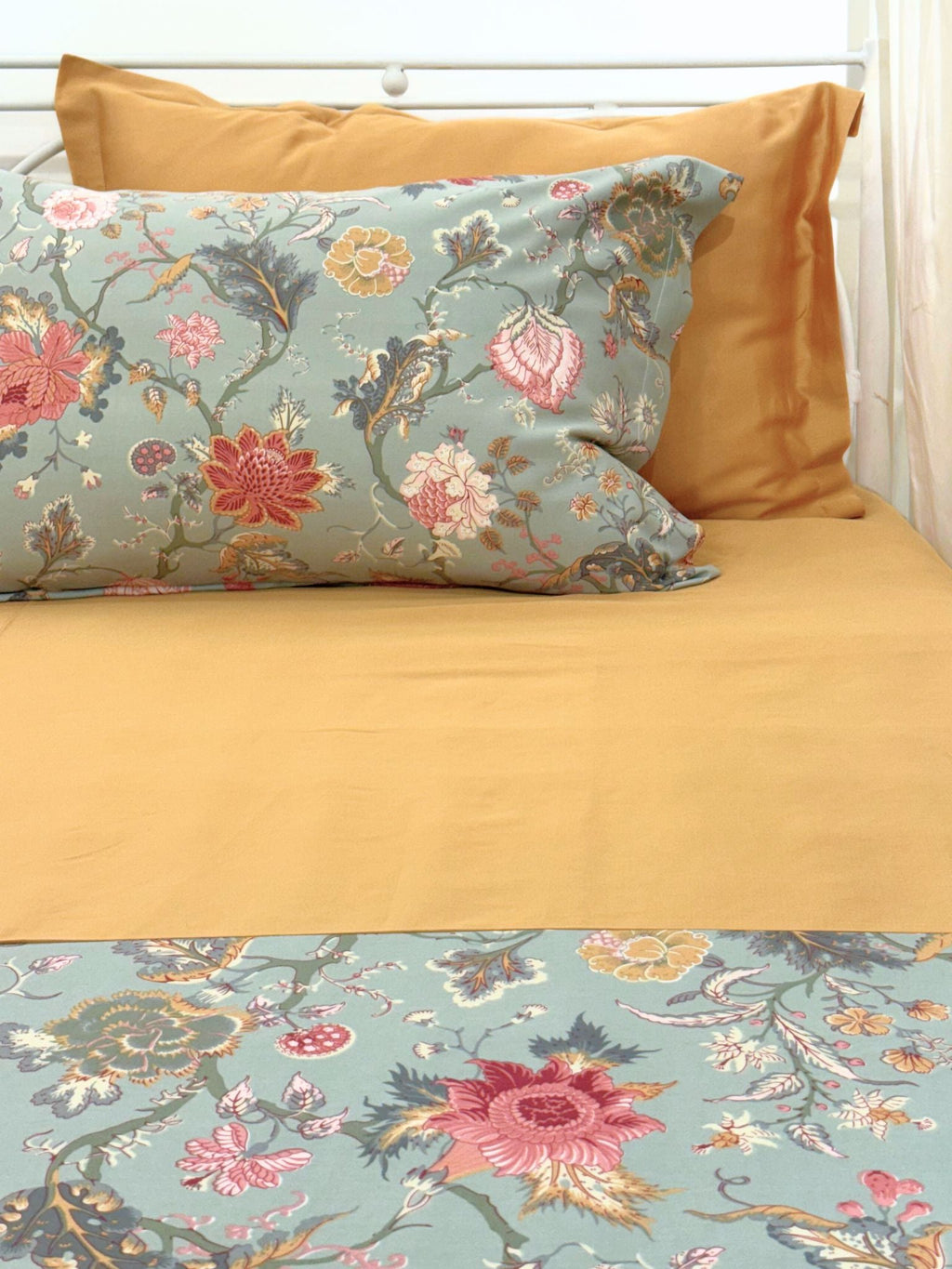 Sadyaska Coco Sage Green and Honey Mustard Cotton (Print and Solid) 5 Pcs Bedsheet