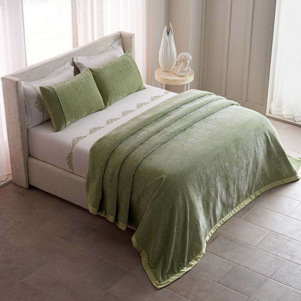 D'Decor Celestia Fern Luxury Bedding Set | Premium Chenille Bed Cover & Embroidered 210 TC Cotton Bedsheet | Oralis CE02 Fern