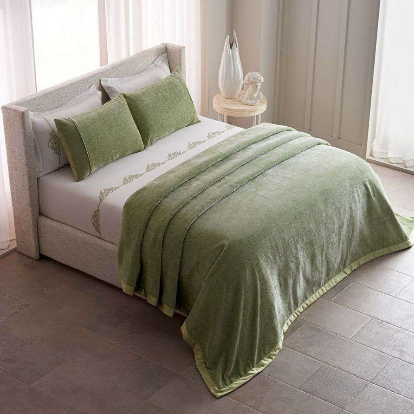 D'Decor Celestia Fern Luxury Bedding Set | Premium Chenille Bed Cover & Embroidered 210 TC Cotton Bedsheet | Oralis CE02 Fern