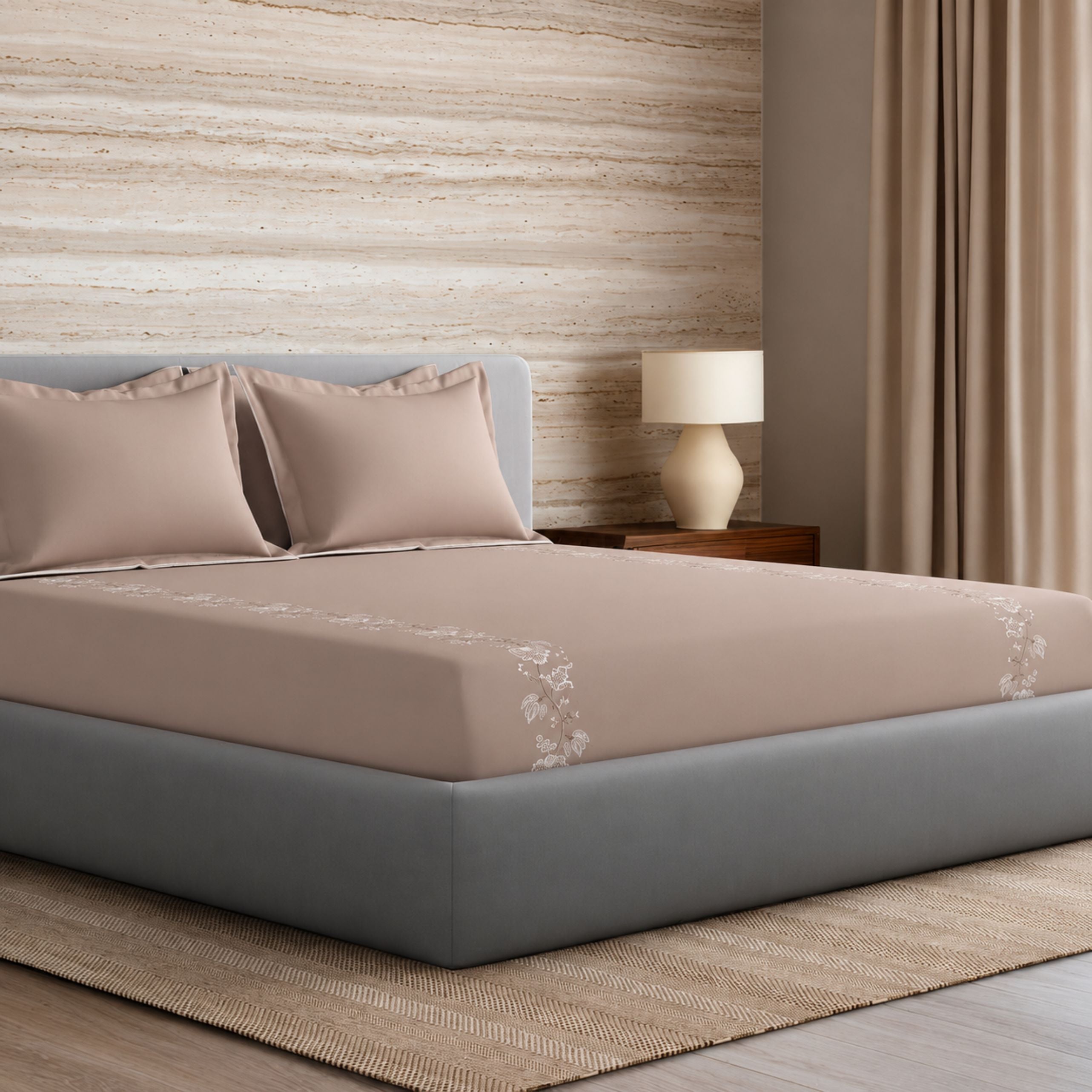 Sansaar by DDdecor Large Bedsheet Set with 2 Pillow Covers - Peonia - Mushroom - Embroidered - 1 Pc