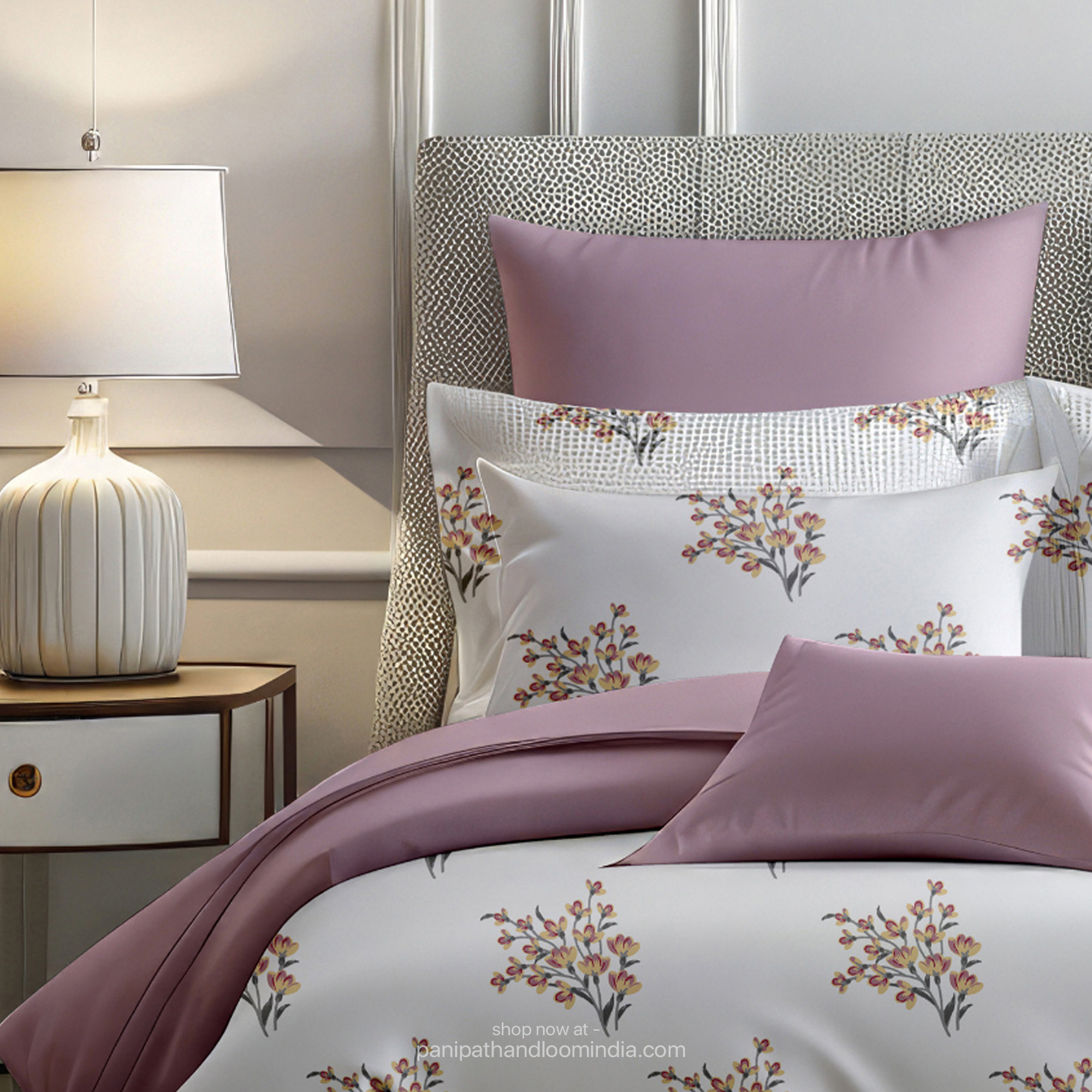 Linsdon Home House of Whites Autumn Whisper | Mauve Mist Digitally Printed 100% Cotton King Bedsheet Set