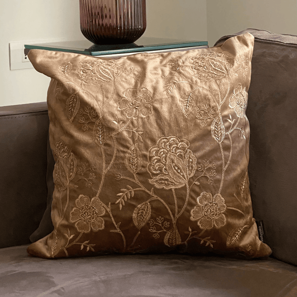 Sadyaska Decorative Bloomy Camel Velvet 16x16 1 Pcs Cushion Cover