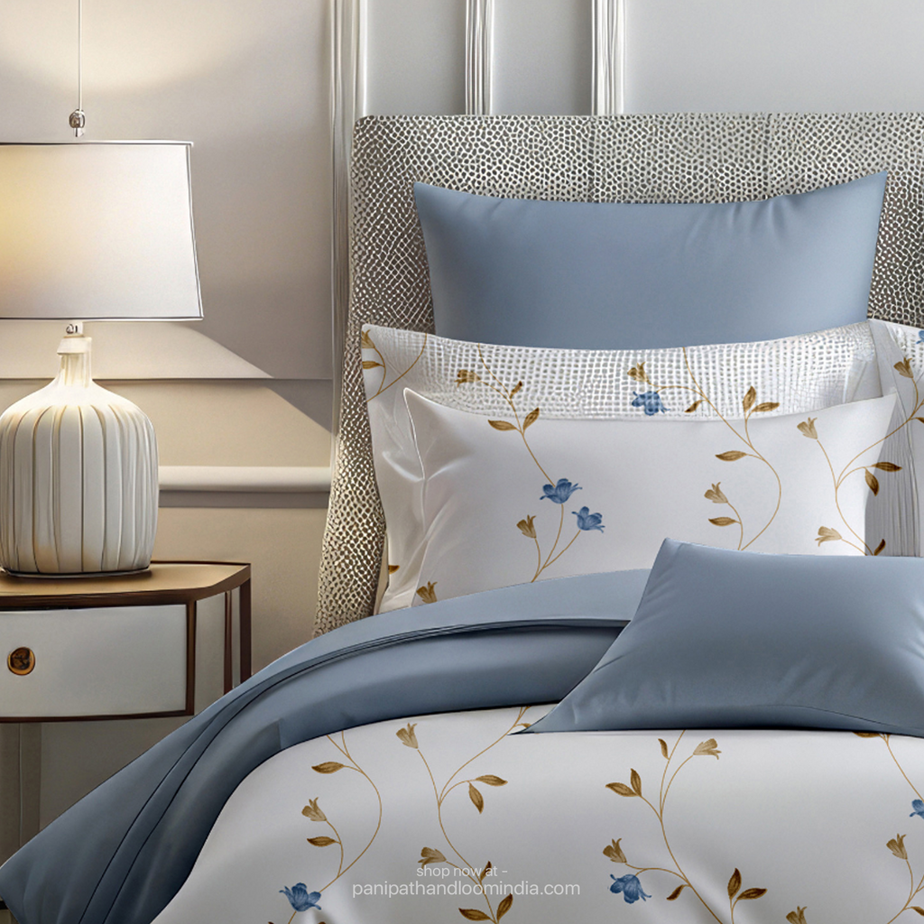 Linsdon Home House of Whites Floral Trail | Sky Blue Digitally Printed 100% Cotton King Bedsheet Set