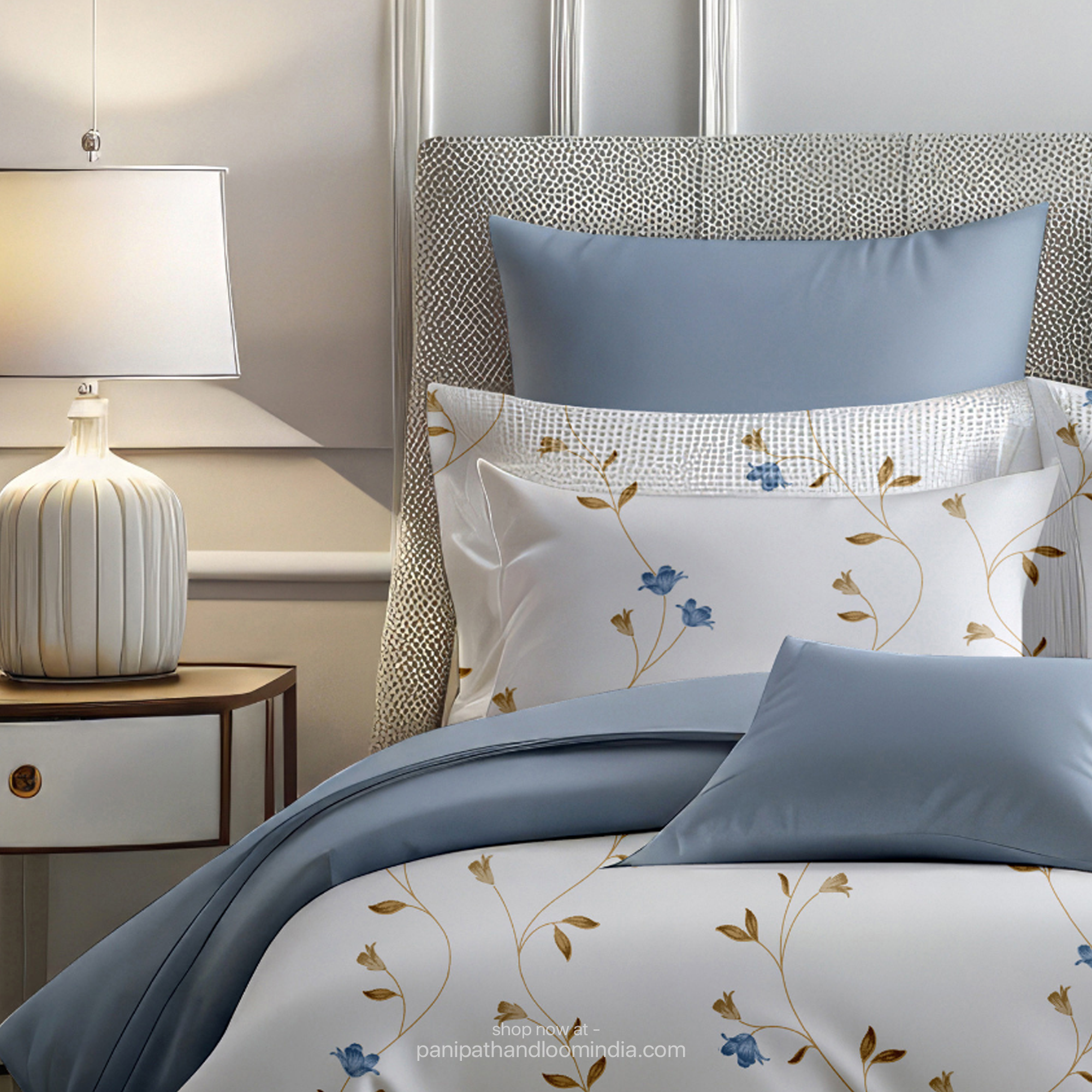 Linsdon Home House of Whites Floral Trail | Sky Blue Digitally Printed 100% Cotton King Bedsheet Set