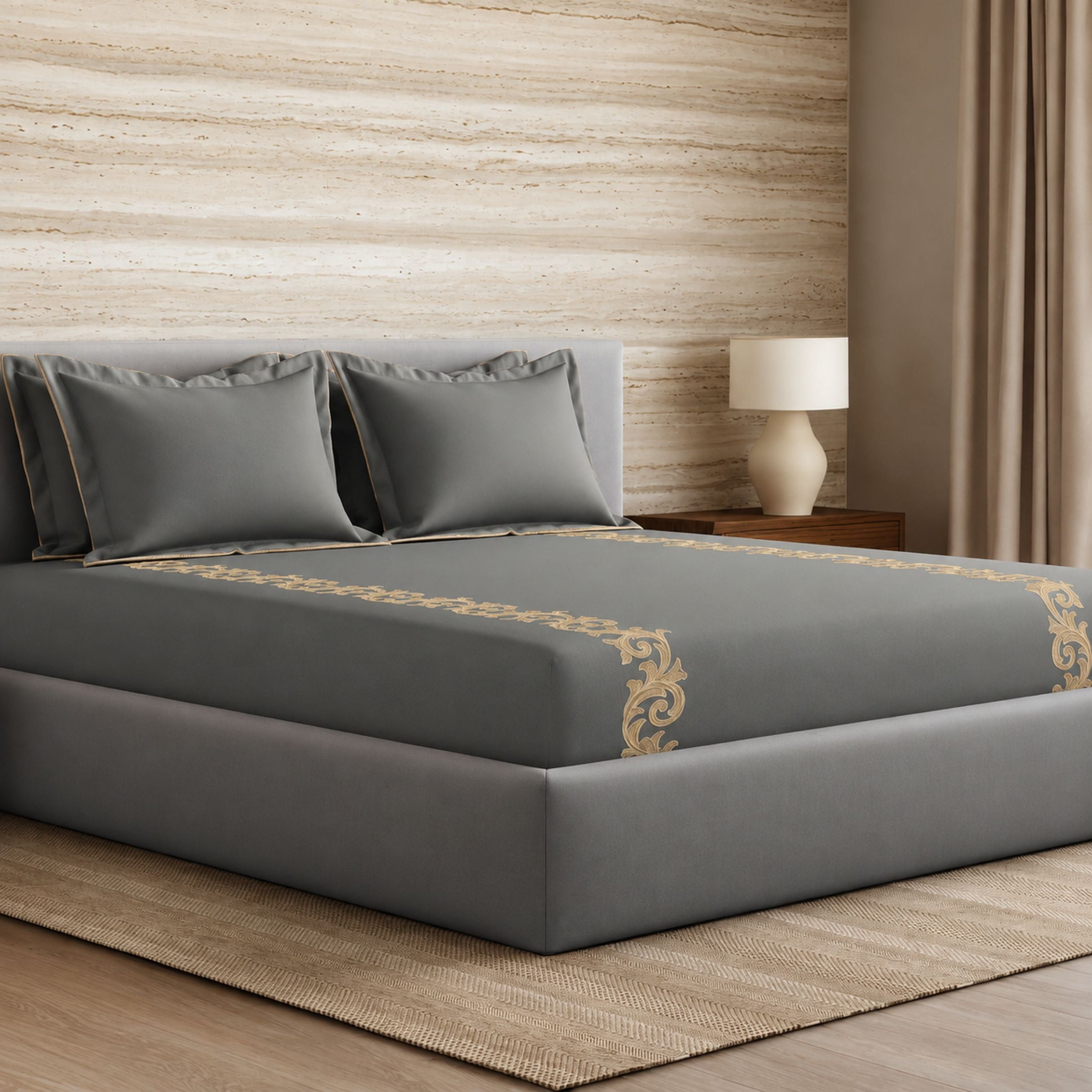 Sansaar by DDdecor Large Bedsheet Set with 2 Pillow Covers - Acantha - Elephant Skin - Embroidered - 1 Pc