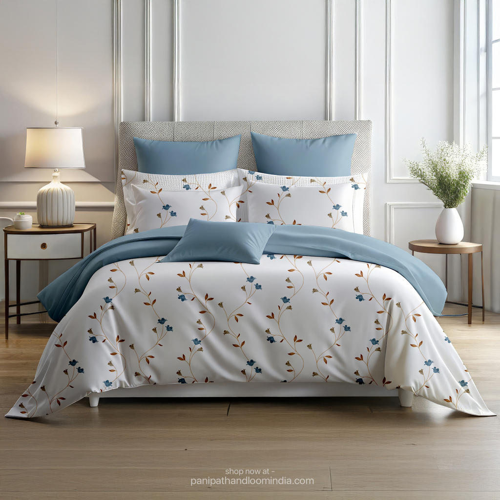 Linsdon Home House of Whites Floral Trail | Ocean Breeze Digitally Printed 100% Cotton King Bedsheet Set