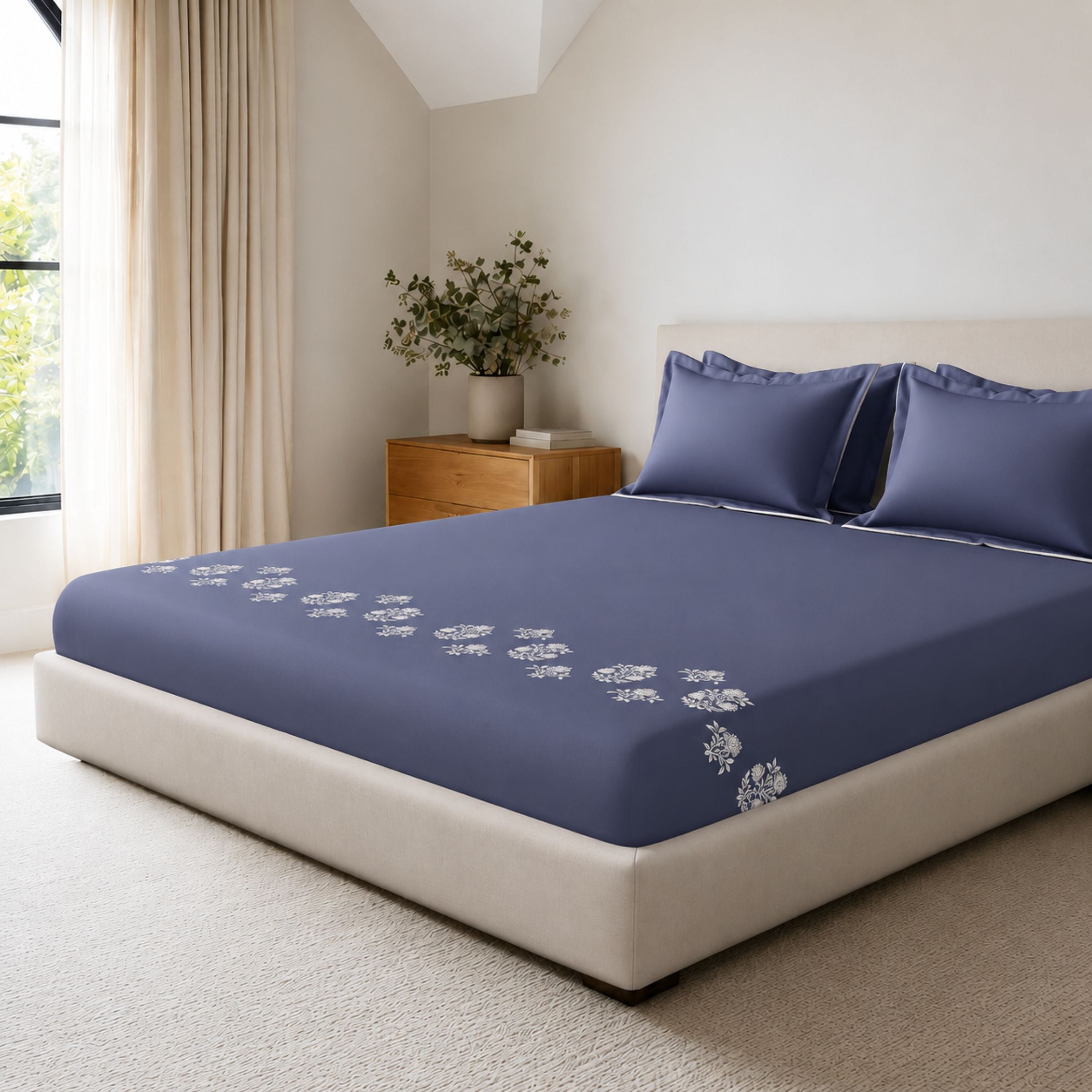 Sansaar by DDdecor Large Bedsheet Set with 2 Pillow Covers - Elmswood - Slate Blue - Embroidered - 1 Pc