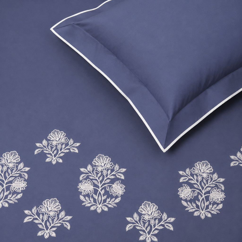Sansaar by DDdecor Large Bedsheet Set with 2 Pillow Covers - Elmswood - Slate Blue - Embroidered - 1 Pc