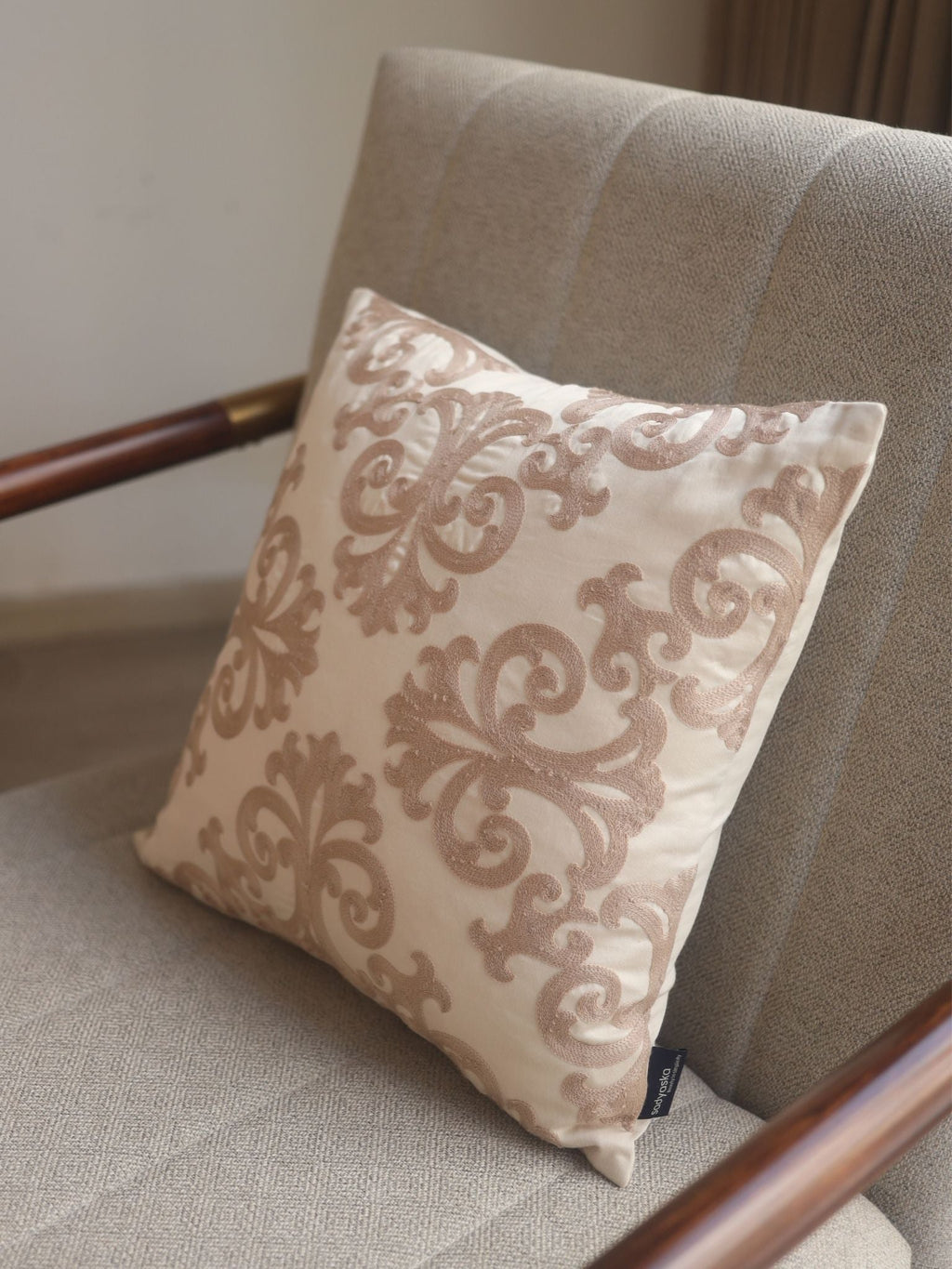 Sadyaska Blooming Elegance Cotton Embroidered Buff 16" X 16" 1 Pcs Cushion Cover