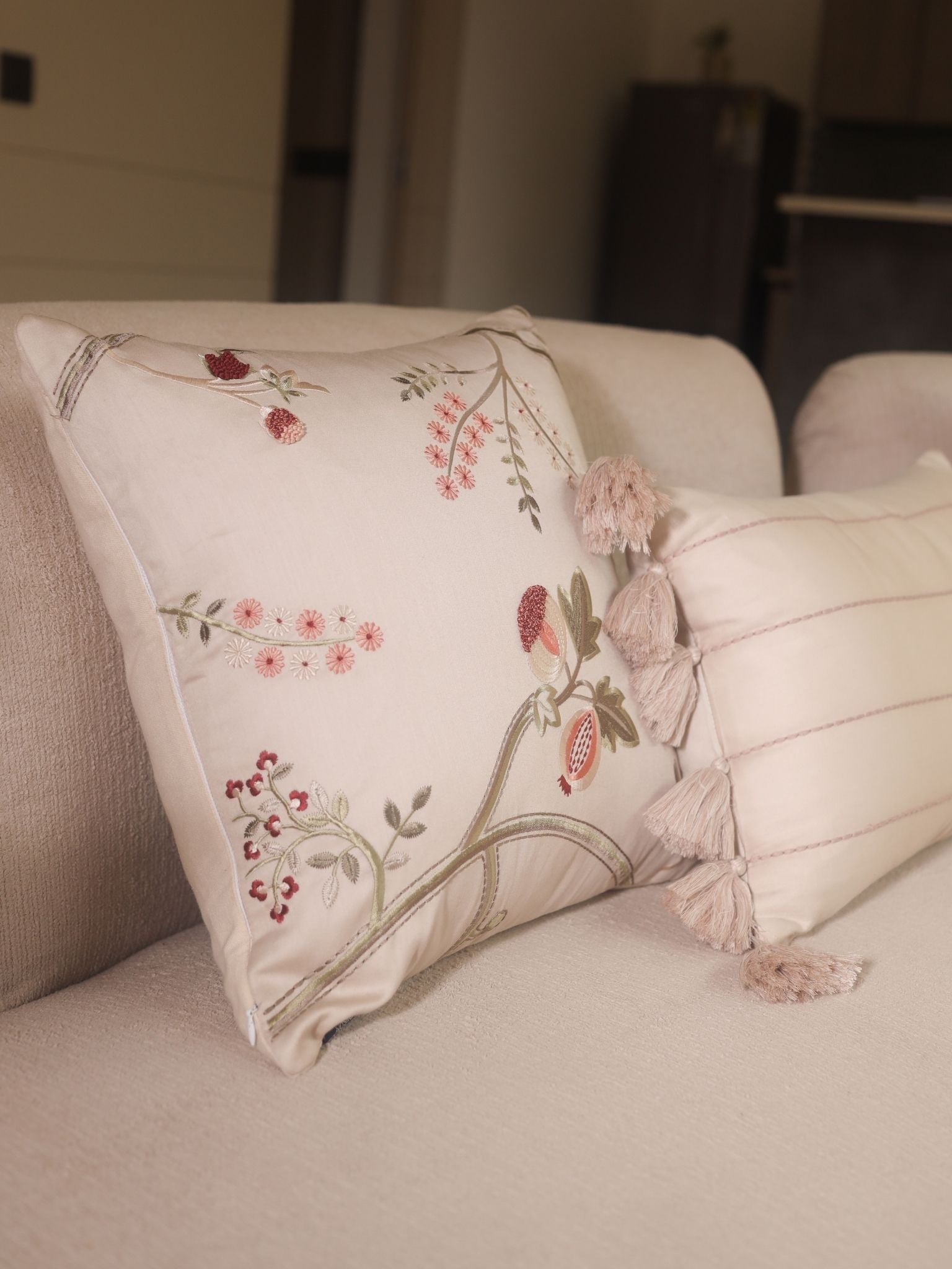 Sadyaska Botanical Charm Cotton Embroidered Beige 16" X 16" 1 Pcs Cushion Cover