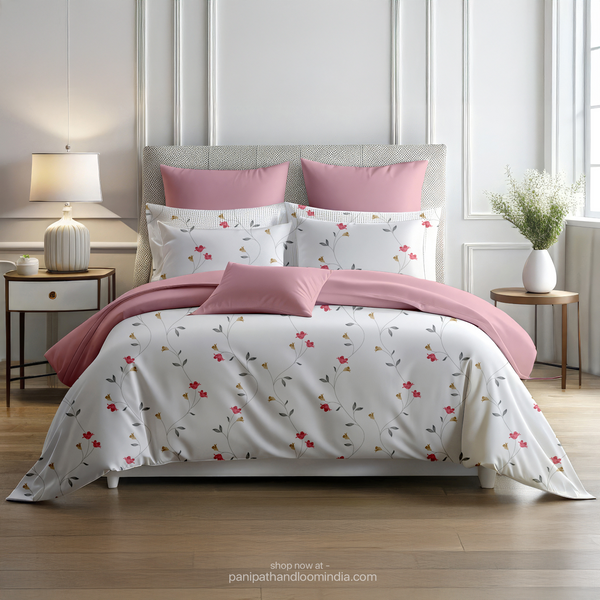 Linsdon Home House of Whites Floral Trail | Rose Pink Digitally Printed 100% Cotton King Bedsheet Set