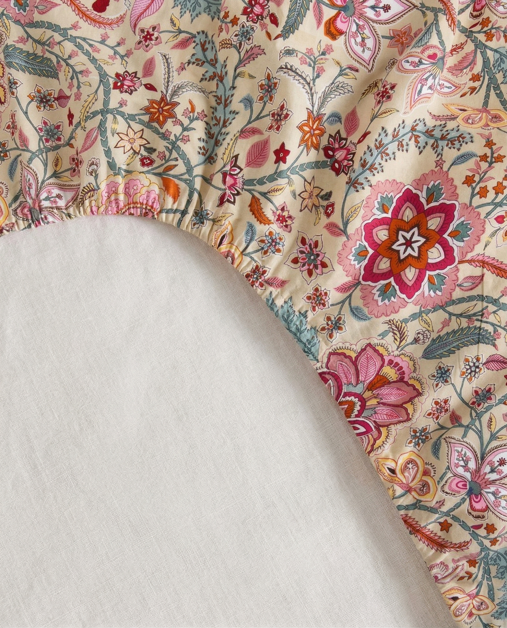 Jaipuri Mughal Garden Fitted Bedcover | Premium Handblock Printed Cotton Bedspread | Ochre & Fuchsia Floral Fitted Sheet