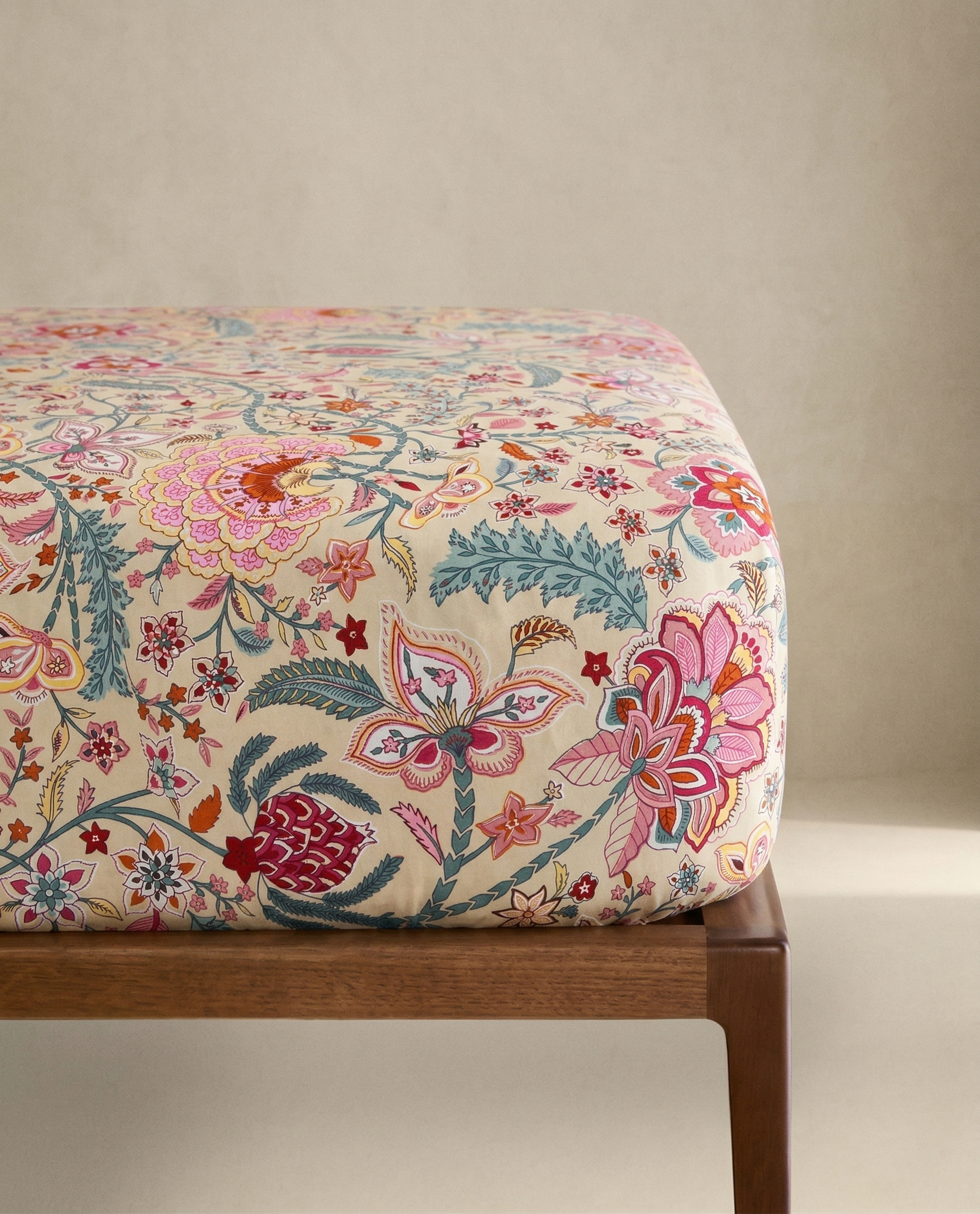 Jaipuri Mughal Garden Fitted Bedcover | Premium Handblock Printed Cotton Bedspread | Ochre & Fuchsia Floral Fitted Sheet