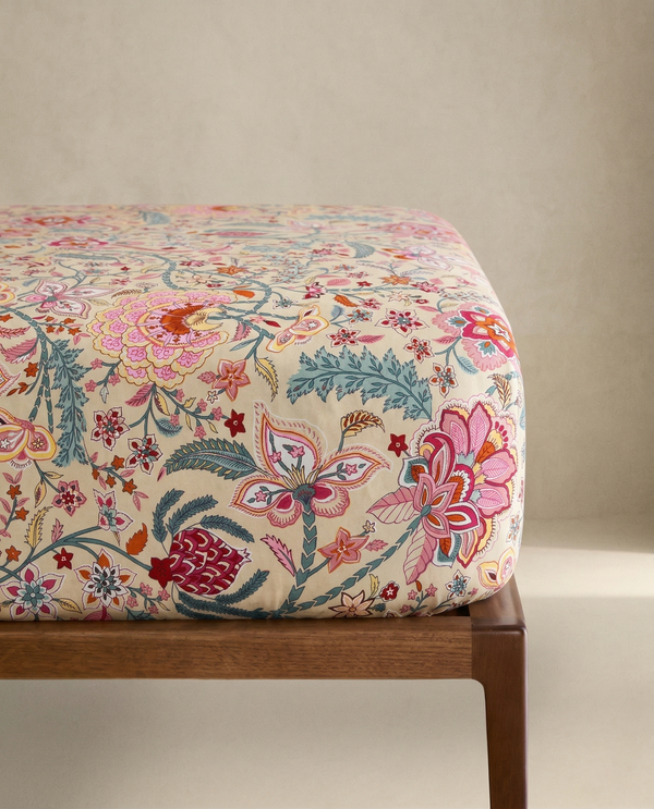 Jaipuri Mughal Garden Fitted Bedcover | Premium Handblock Printed Cotton Bedspread | Ochre & Fuchsia Floral Fitted Sheet