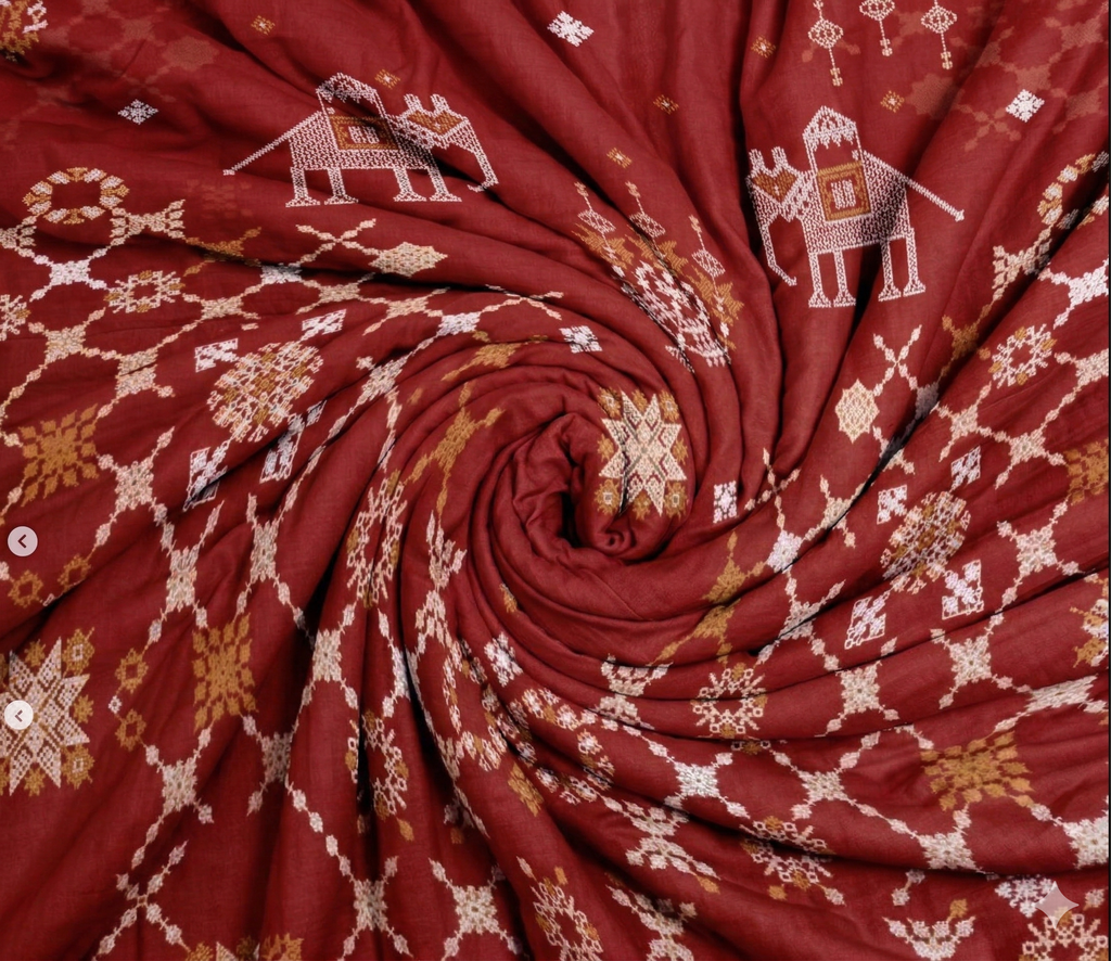 Spaces Shubha Kasuti Rhythmic Red Traditional Embroidery Art 300TC Cotton Super King Bed Sheet Set | 10857710 Rhythmic Red
