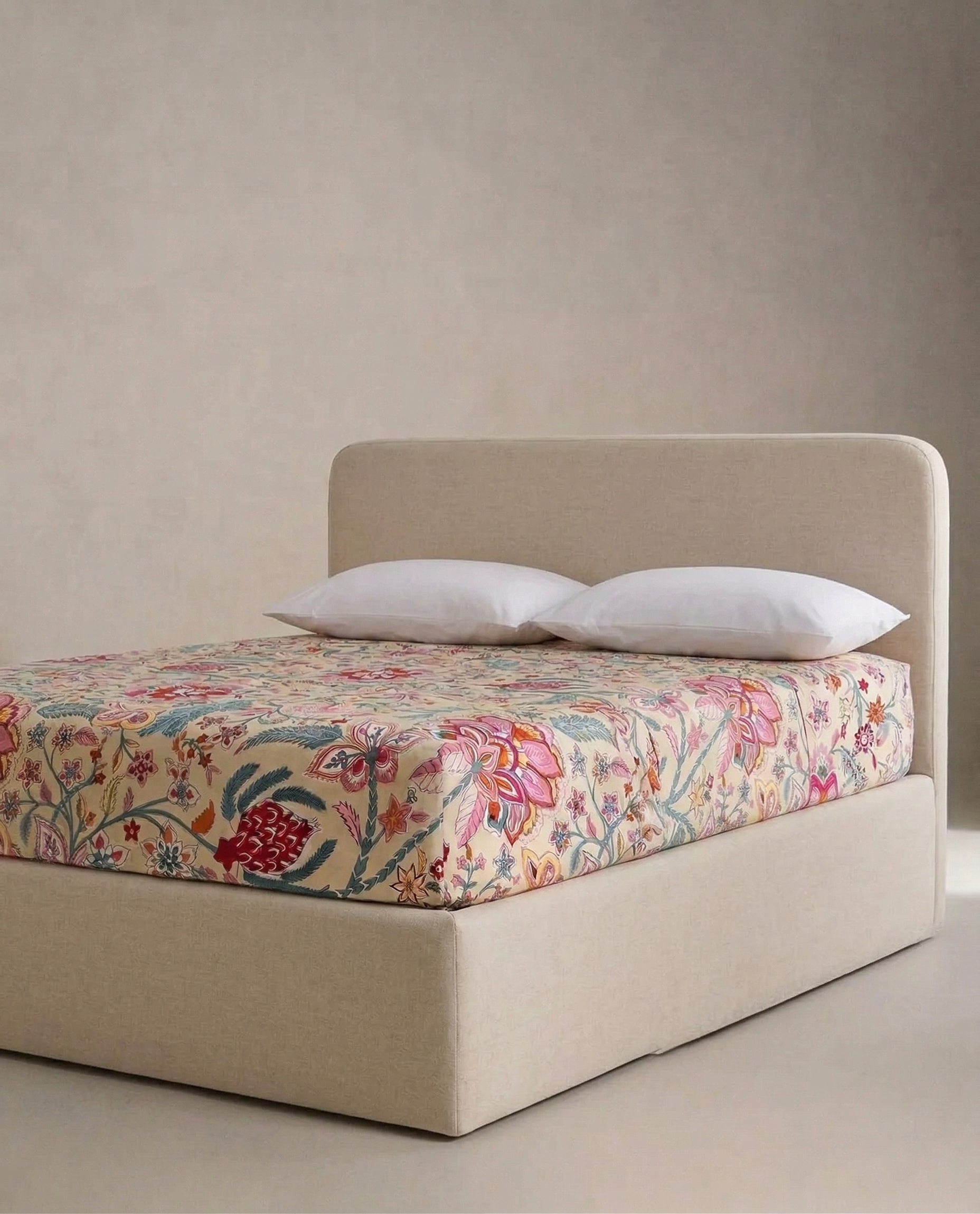 Jaipuri Mughal Garden Fitted Bedcover | Premium Handblock Printed Cotton Bedspread | Ochre & Fuchsia Floral Fitted Sheet