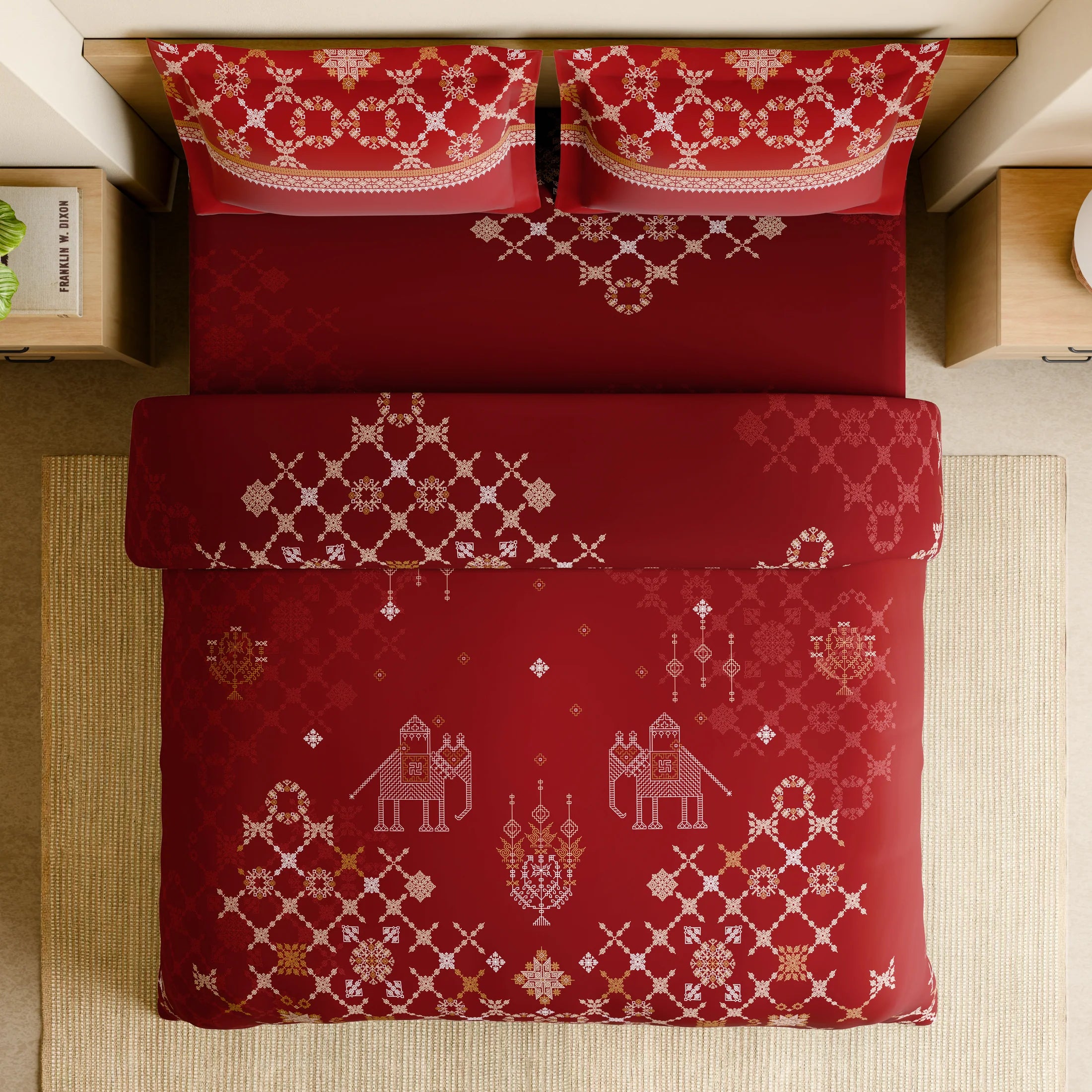 Spaces Shubha Kasuti Rhythmic Red Traditional Embroidery Art 300TC Cotton Super King Bed Sheet Set | 10857710 Rhythmic Red