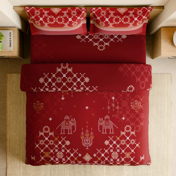 Spaces Shubha Kasuti Rhythmic Red Traditional Embroidery Art 300TC Cotton Super King Bed Sheet Set | 10857710 Rhythmic Red