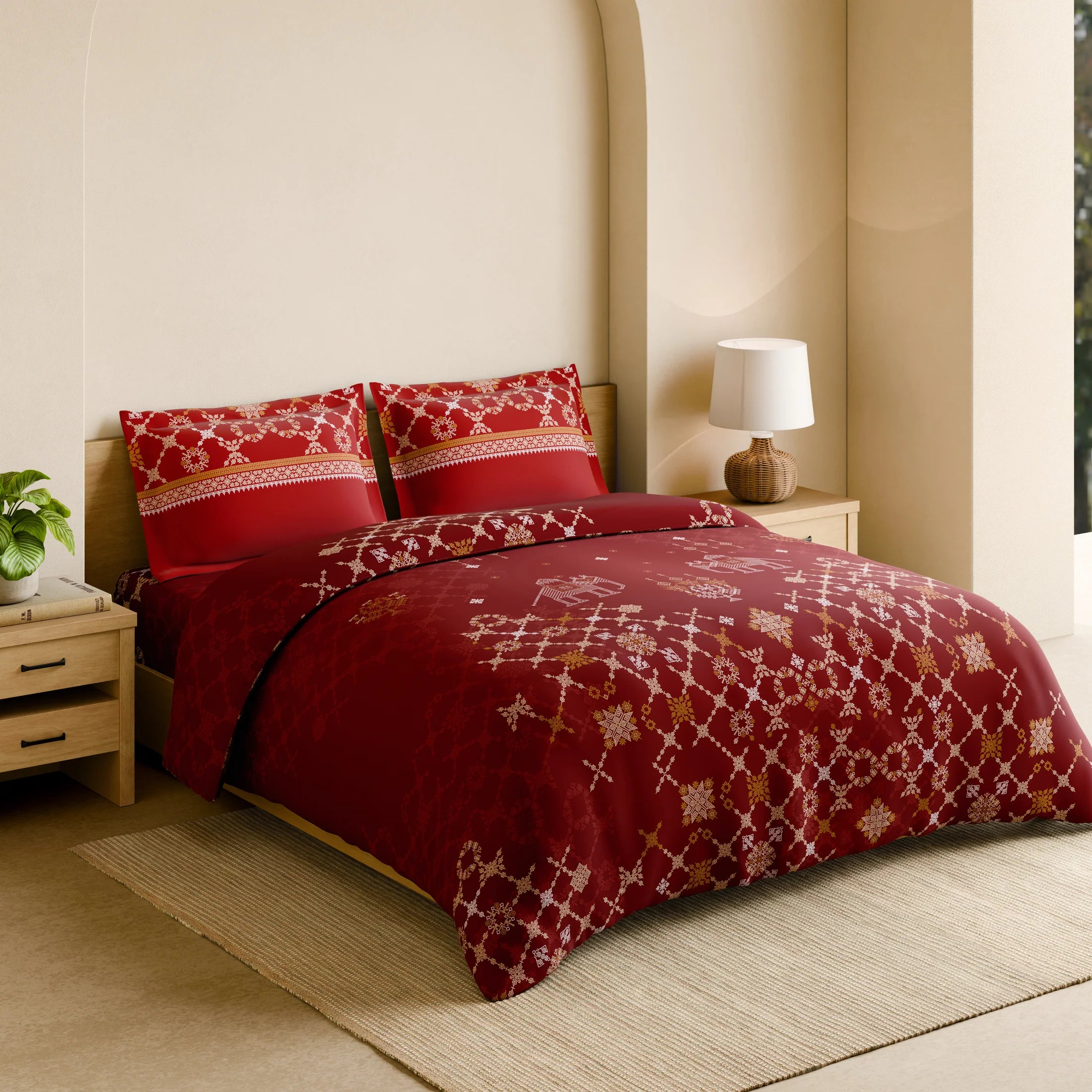 Spaces Shubha Kasuti Rhythmic Red Traditional Embroidery Art 300TC Cotton Super King Bed Sheet Set | 10857710 Rhythmic Red