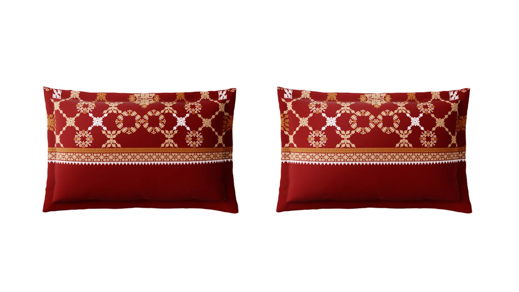 Spaces Shubha Kasuti Rhythmic Red Traditional Embroidery Art 300TC Cotton Super King Bed Sheet Set | 10857710 Rhythmic Red
