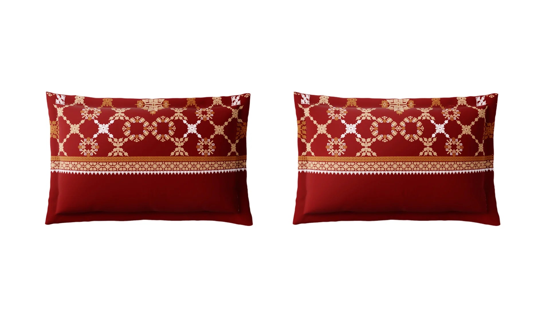 Spaces Shubha Kasuti Rhythmic Red Traditional Embroidery Art 300TC Cotton Super King Bed Sheet Set | 10857710 Rhythmic Red