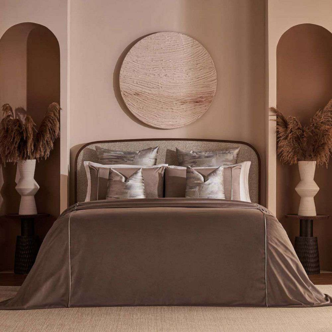 D'Decor Nazraana Ivy Rustic Oak Luxury 5-Piece Double Bedding Gift Set | Rich Velvet with Embroidered Abstract Art | NZ10 Rustic Oak