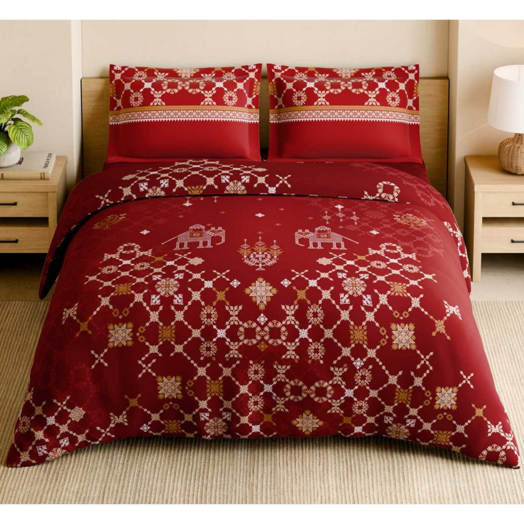 Spaces Shubha Kasuti Rhythmic Red Traditional Embroidery Art 300TC Cotton Super King Bed Sheet Set | 10857710 Rhythmic Red