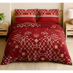 Spaces Shubha Kasuti Rhythmic Red Traditional Embroidery Art 300TC Cotton Super King Bed Sheet Set | 10857710 Rhythmic Red
