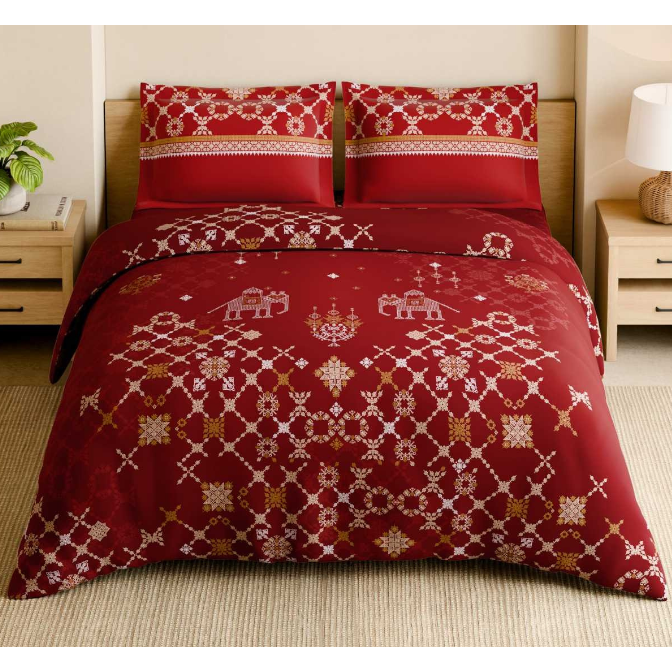 Spaces Shubha Kasuti Rhythmic Red Traditional Embroidery Art 300TC Cotton Super King Bed Sheet Set | 10857710 Rhythmic Red