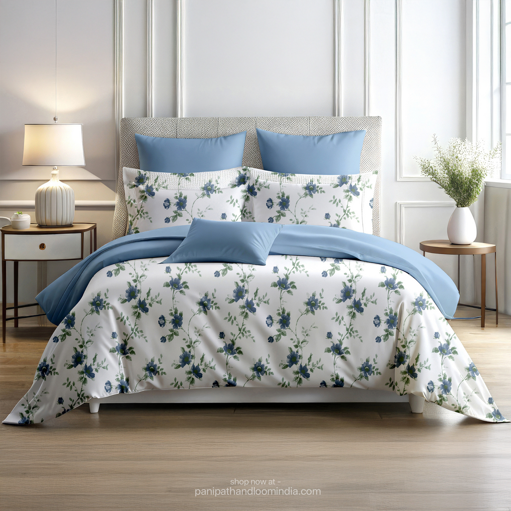 Linsdon Home House of Whites Floral Bloom | Azure Blue Digitally Printed 100% Cotton King Bedsheet Set