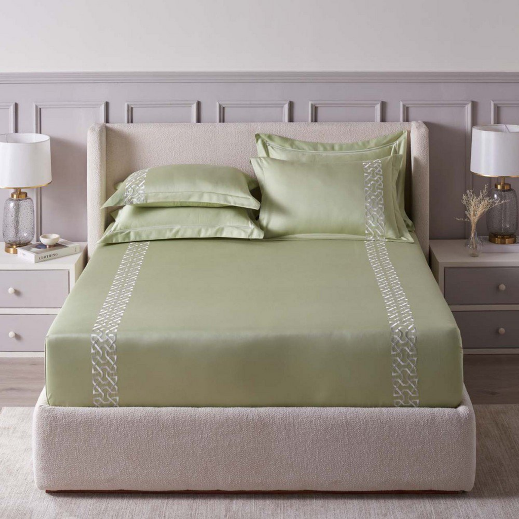 D'Decor Imperial II Stella Celadon Green Elegant Embroidered 5-Piece Double Bedsheet Set | IP05 Celadon Green