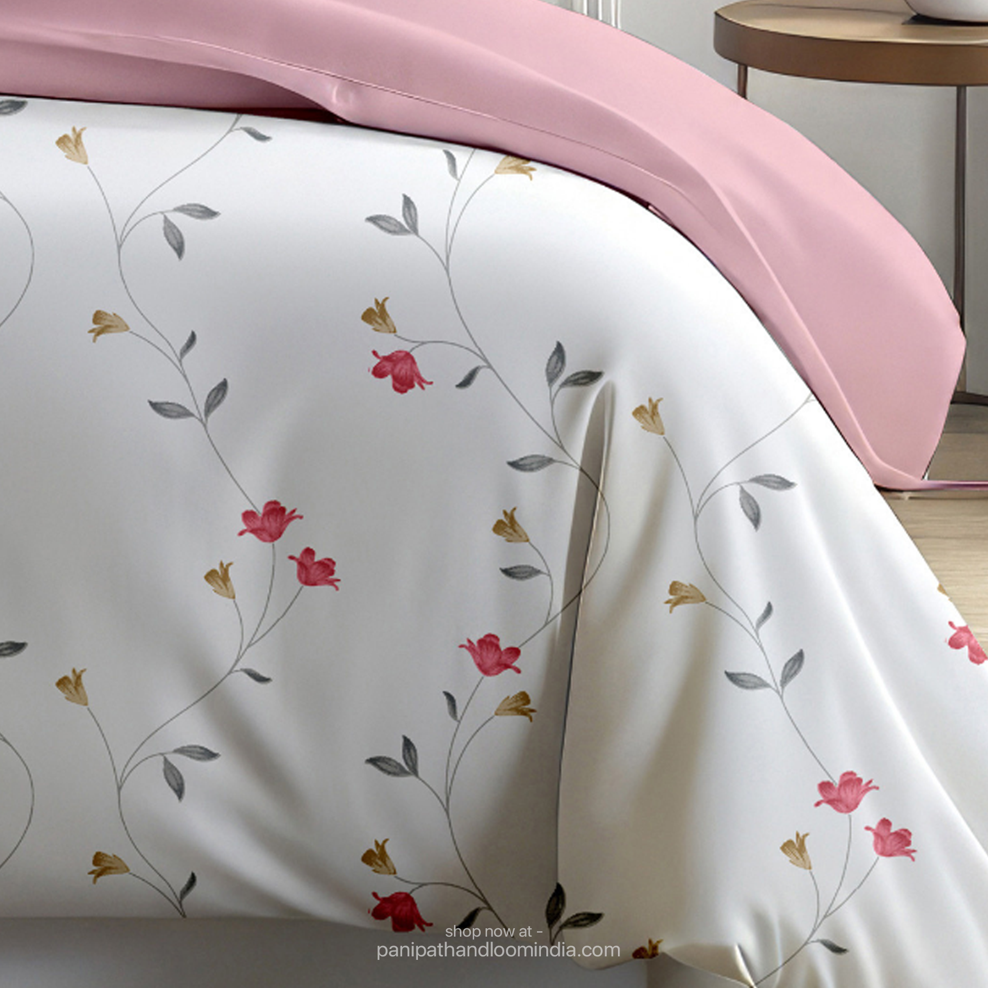 Linsdon Home House of Whites Floral Trail | Rose Pink Digitally Printed 100% Cotton King Bedsheet Set
