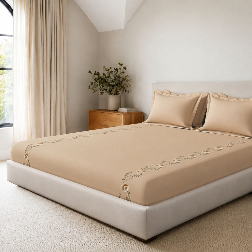 Sansaar by DDdecor Large Bedsheet Set with 2 Pillow Covers - Cambrose - Roasted Almond - Embroidered - 1 Pc