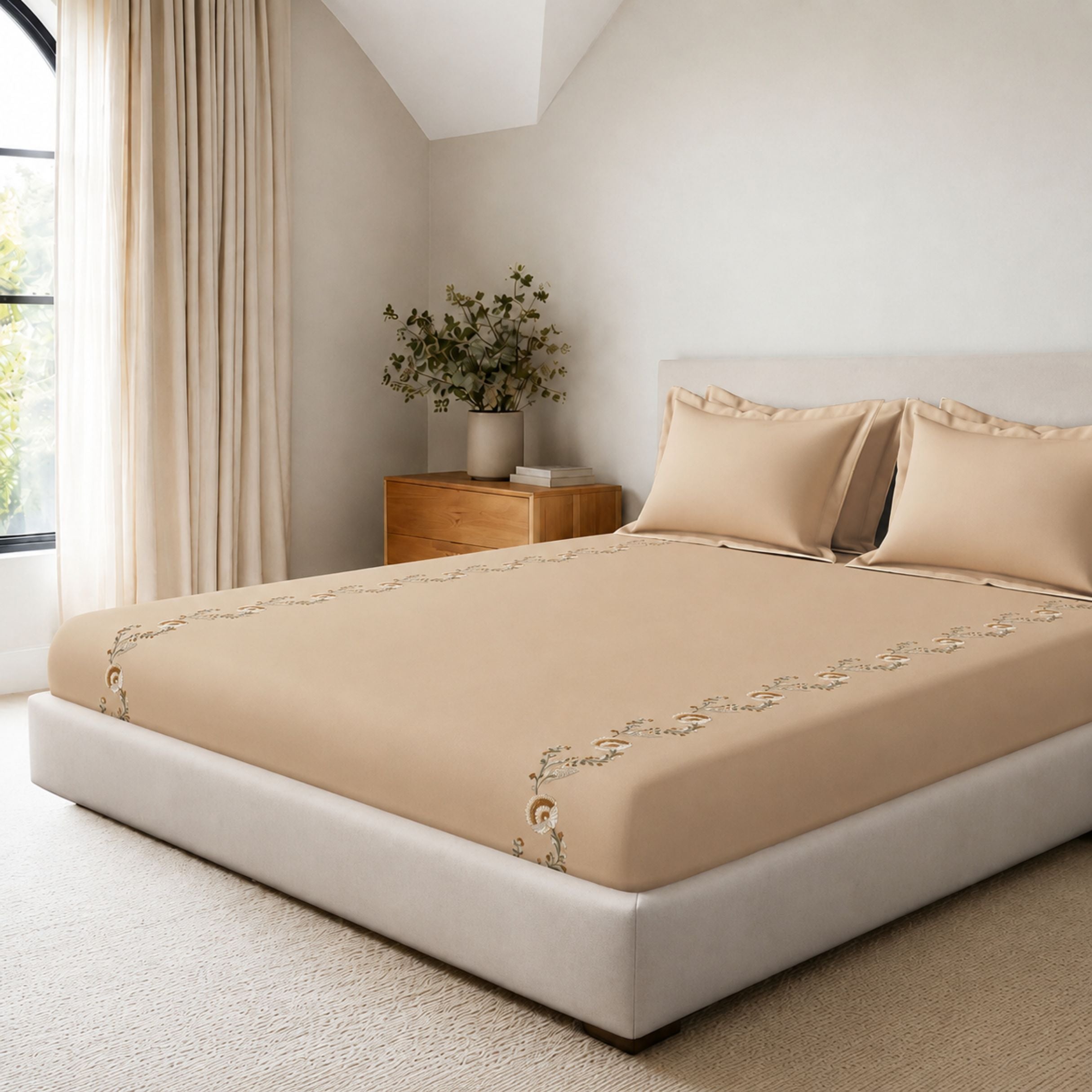 Sansaar by DDdecor Large Bedsheet Set with 2 Pillow Covers - Cambrose - Roasted Almond - Embroidered - 1 Pc